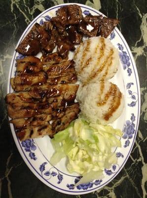 A large plate of chicken and pork teriyaki for $7.25 before tax