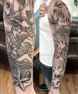 Navy themed traditional black and grey sleeve tattoo. So much fun doing this one! Artist: Amanda Creek