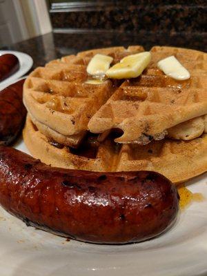 Reindeer sausage and yummy waffles here!