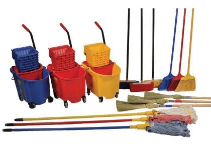 Assorted Mops, Brooms & Buckets