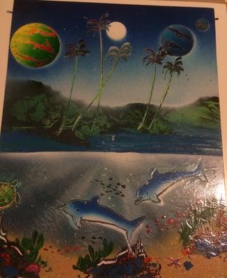 This painting with the playful Dolphins is BEAUTIFUL! My daughter fell in love with it. This has a 3-D effect in person.