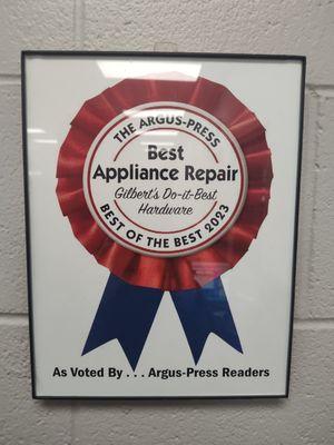 Gilberts was awarded "Best Appliance Repair" by Argus Press readers.