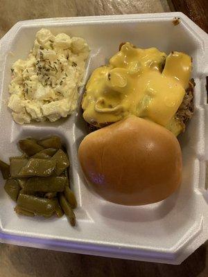 American Legion Burger with potato salad and smoked green beans.