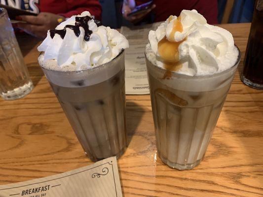 Iced mocha and iced caramel latte