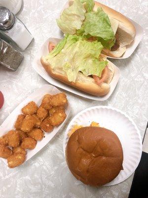 Top: Jimbo (chicken) hotdogs  Bottom: Bacon and pimento cheese burger and tator tots