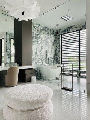 Savocchi supplies and installs custom wall mirrors, and shower enclosures.