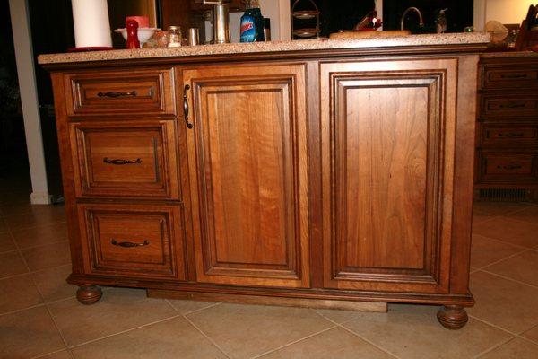 Island cabinet in my own kitchen, cherry with stain + glaze and applied moldings