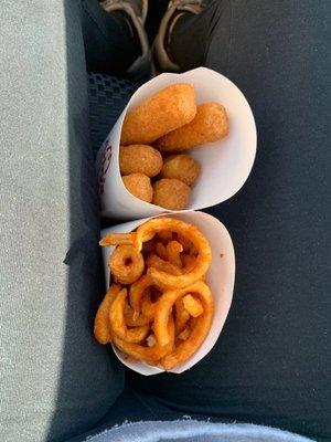 Mozzarella sticks and curly fries