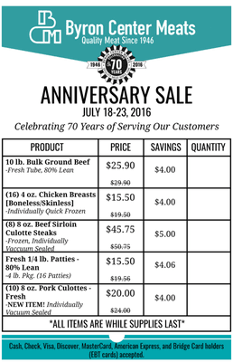 It's a good week to be hangin' out at Byron Center Meats. The Anniversary Sale is a perfect week to fill your freezer!