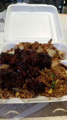 Fried rice with General Tso chicken and black pepper chicken.