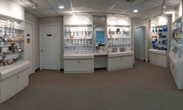 Our retail space! We feature products from EltaMD, Obagi Medical, iS Clinical, and Vivier.