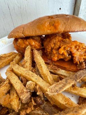 Fried Buffalo Chicken Sandwich. House-made Buffalo Sauce and our Battered Fries