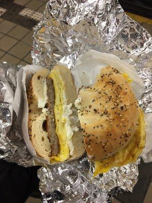 Everything bagel, cream cheese, egg, and sausage. $3.50