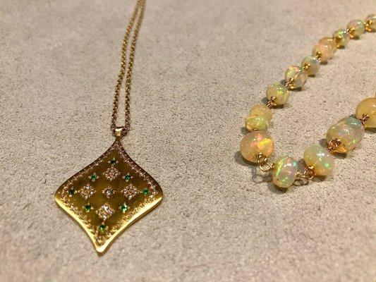 Emerald Yellow Gold + Beaded Opal necklaces