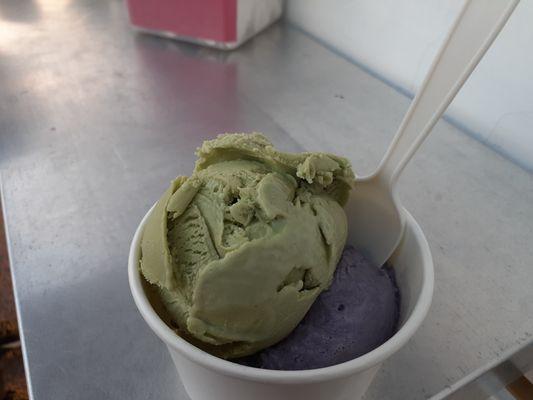 Matcha and ube scoops of ice cream for $8.