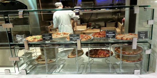 Pizzas on display.