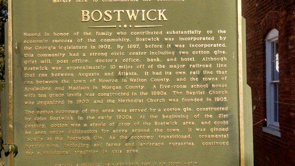 The historic marker for the city of Bostwick.