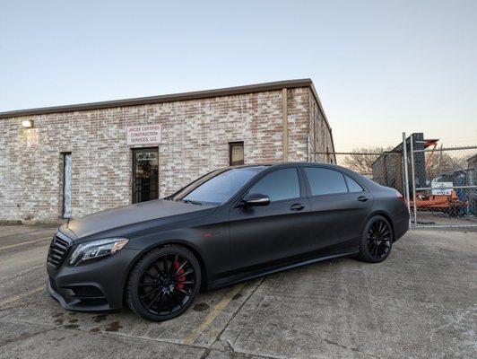 Satin Black Liquid Wrap, Chrome Delete, Brake Calipers, Custom Badges, and Dipped Wheels. Total Blackout.