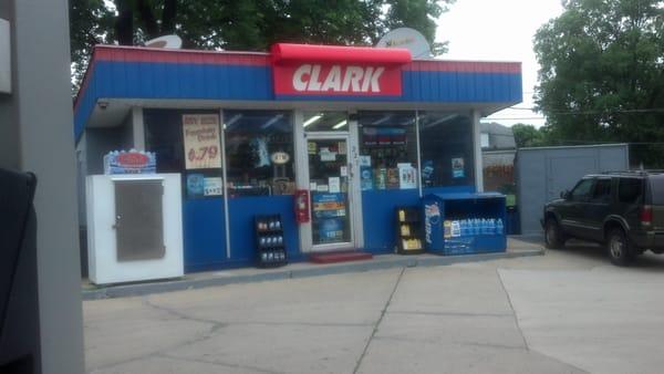 This is a small 4 pump Clark gas station.