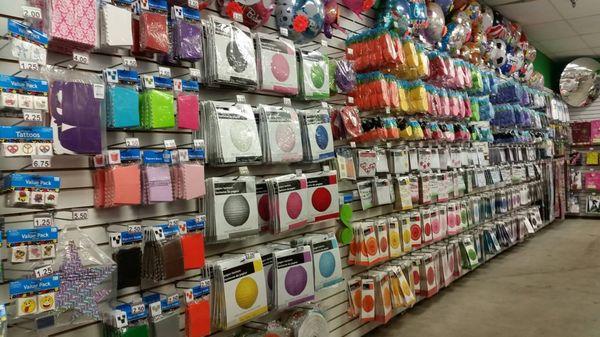 We have lots of party decor, balloons, tableware and more at both locations