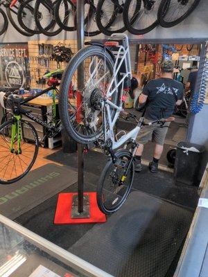 shop area where an ebike is being serviced