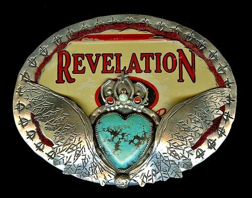 BB171- Revelation (Sterling silver, turquoise, garnet, antique tin- $548)