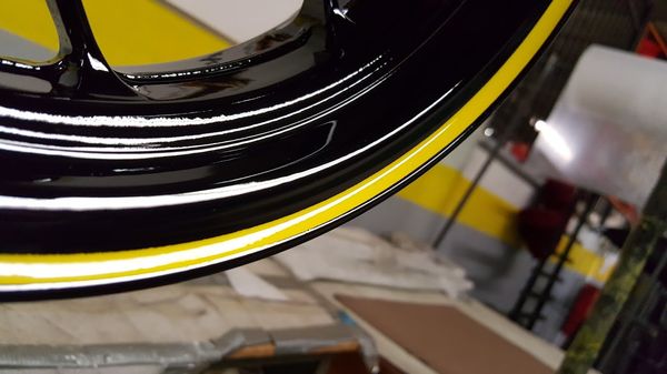 Aluminum Scooter Wheels, Powder Coated in Black, Yellow Lip Stripe, with High Gloss Clear Coat