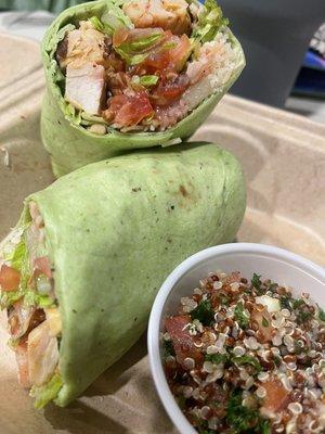 Pecan Chicken in a spinach wrap with a side of Quinoa Tabuli