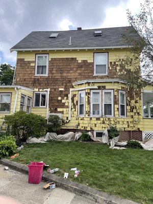 1880 historical restoration in Medford. Removed 3/4 of loose and old paint. Prepped with an oil based primer.