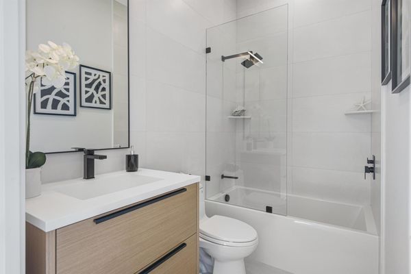 Coastal-inspired bathroom vanity in Brushed White Oak finish (Parker collection)