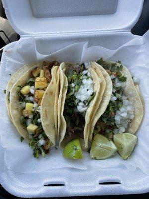 3 tacos. 1 Pastor, 1 Asada, 1 Tinga de Pollo... all delicious