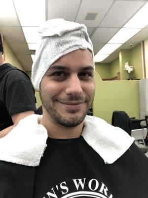 Hot towel prep on top of head