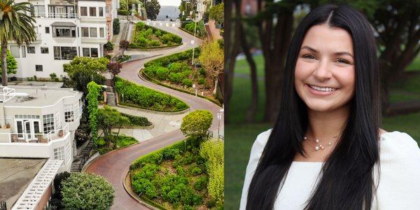 Ariel Street View of Lombard Street and San Francisco next to headshot of Realtor Sydney Sins at Lush Green Park