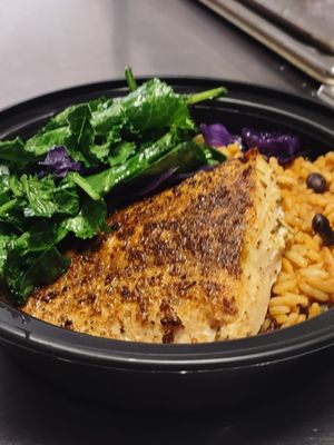 Lightly Sauteed Kale/Spinach, Pan-Seared Salmon, Rice & Beans