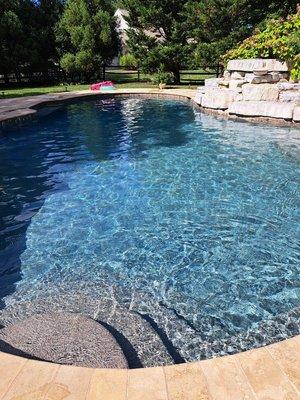 the deep cleaning of a swimming pool,with a professional in the process of vacuuming and scrubbing,indicating the transformation