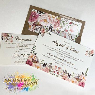 Custom Floral Wedding Invitation with Reception Card & Envelope with liner