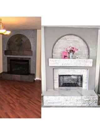 Fireplace glow up! Ledger stone+tile work