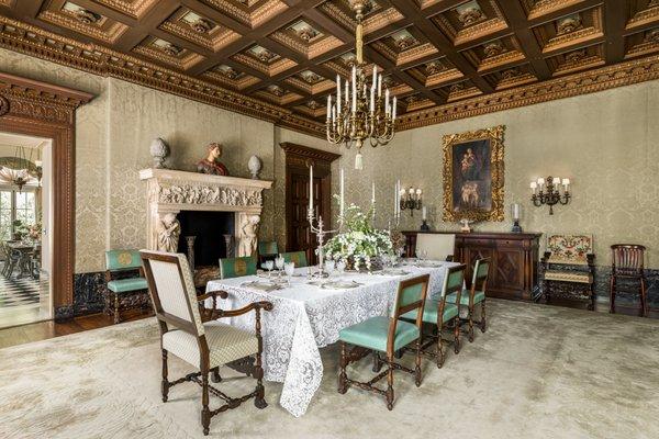 The formal dining room, looking into the palm room.