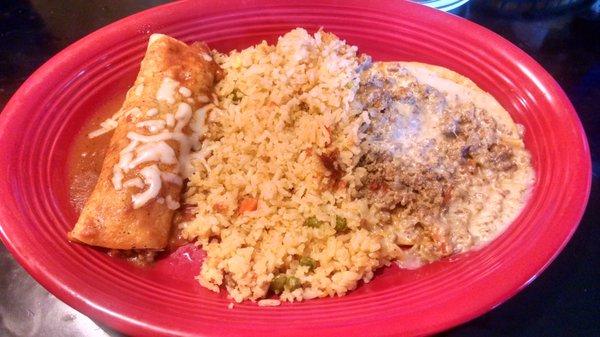 Enchilada, rice and tostada with chile con queso - lunch menu