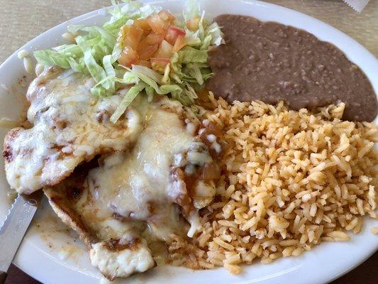 Chicken Monterey Plate. It was daily special & delicious! Two flat grilled chicken breasts, smothered with cheese & salsa