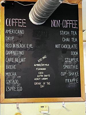 Coffee and tea menu