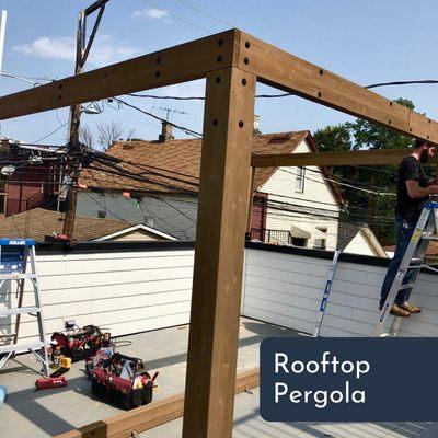 We built a pergola to go on top of a garage rooftop. What was once unused space is now a lovely rooftop hangout space.