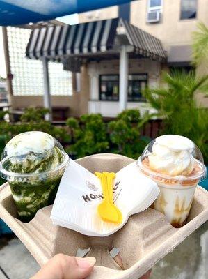 Matcha Affrogato & Dear Caramel has soft serve ice cream topped with flavors. Took 3 minutes from ordering to getting our cool treats.