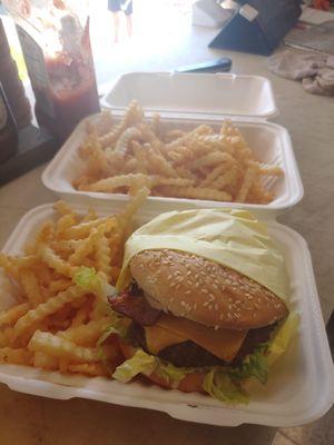 All American Burger with added bacon and fries