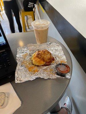 Irish Man Iced Coffee and Biscuit egg sandwich