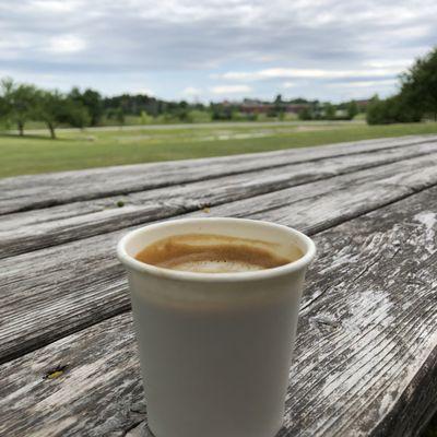 A macchiato enjoyed outside at Tech Park.