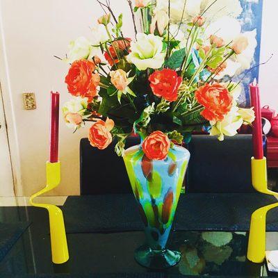 Marano vase with orange and mint green roses available today at Freedom Flower Boutique!