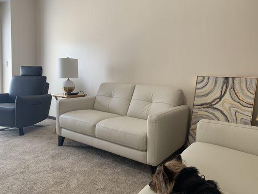 Loveseat and recliner in our new space.