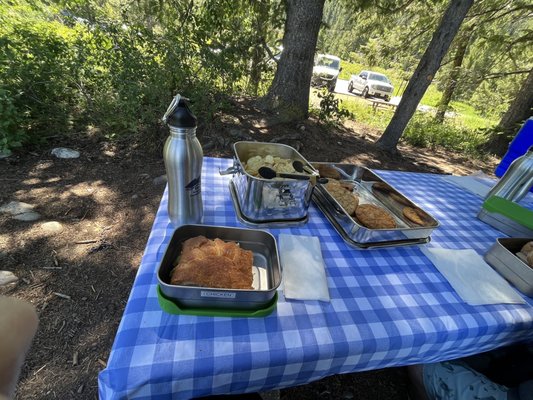 Lunch set up. Sandwiches, chips, cookies and drinks.