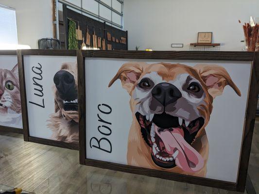 Hand Drawn pet portraits that are framed with a unique burned wood frame.